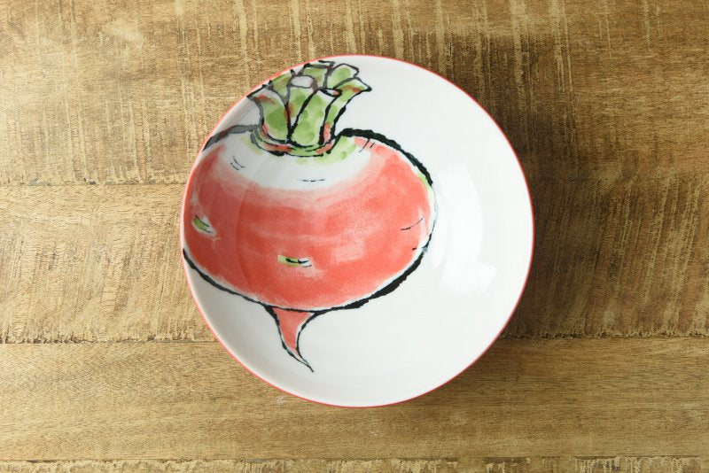 Artisanal Japanese Hand-Painted Veggie Shallow Bowl Collection (red turnip/paprika/eggplant/ radish)