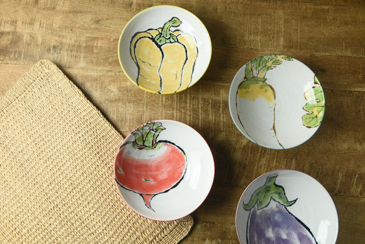 Artisanal Japanese Hand-Painted Veggie Shallow Bowl Collection (red turnip/paprika/eggplant/ radish)