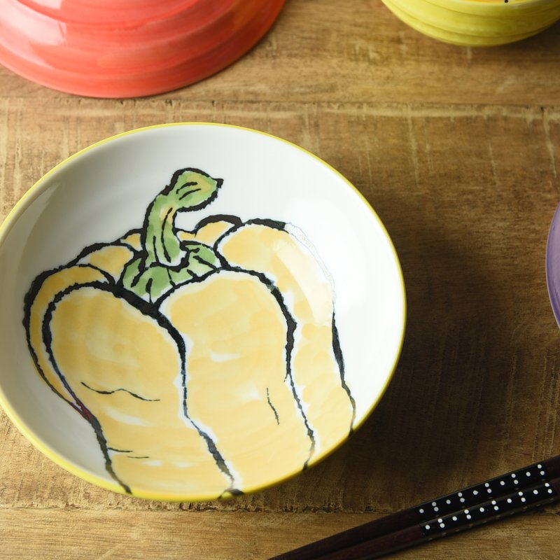 Artisanal Japanese Hand-Painted Veggie Shallow Bowl Collection (red turnip/paprika/eggplant/ radish)