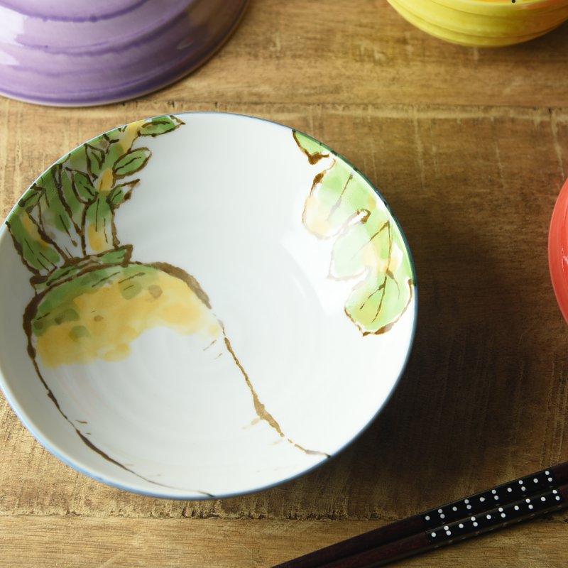 Artisanal Japanese Hand-Painted Veggie Shallow Bowl Collection (red turnip/paprika/eggplant/ radish)