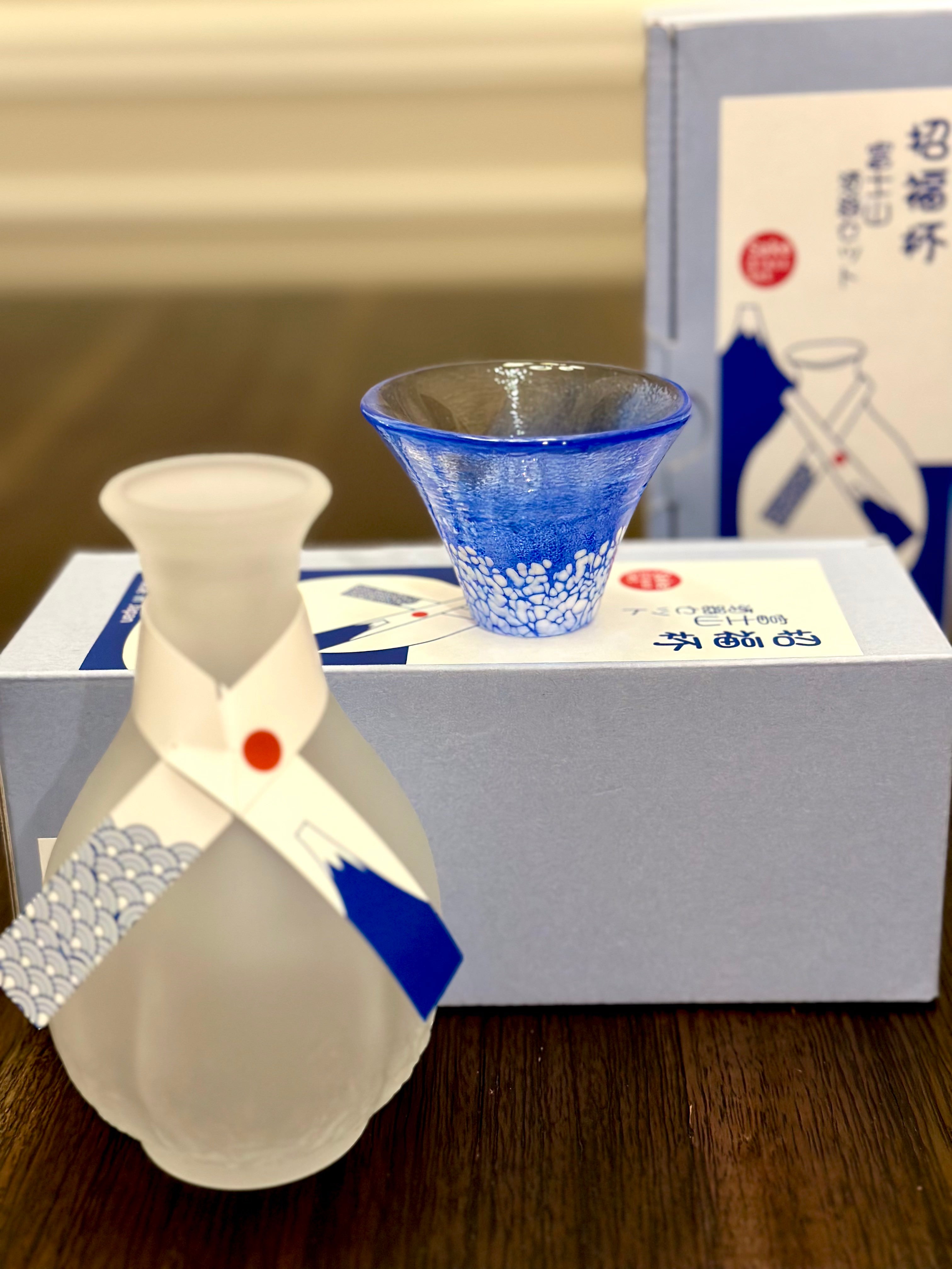 Lucky Cup Mt. Fuji Sake Set [Made in Japan, Handmade Glass] Toyo Sasaki Glass