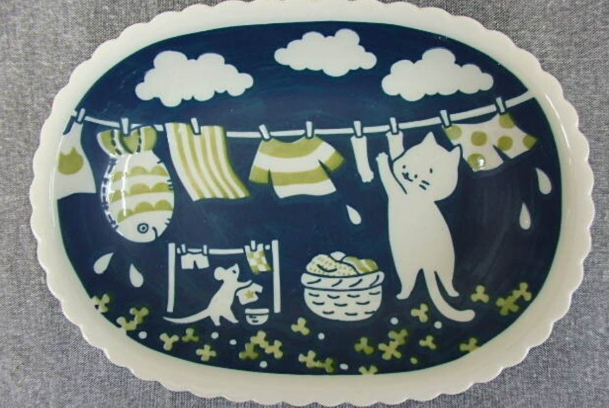 Cat Good Night Oval Bowl Pottery日本製 美濃焼