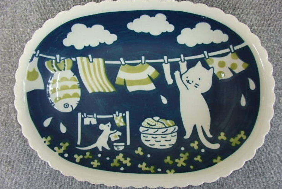 Cat's Laundry Day Oval Bowl日本製 美濃焼