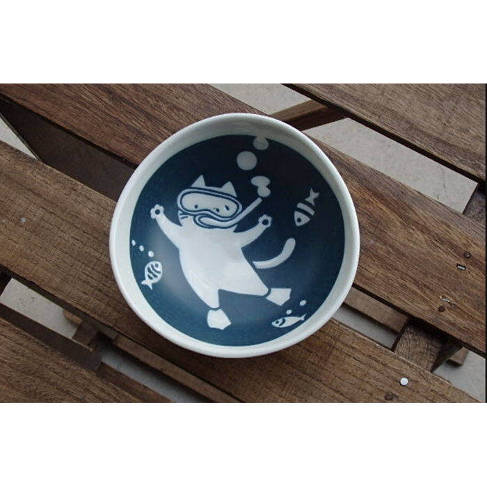 Ocean Frolic: Whimsical Cat Diver Source Dish Small Bowl